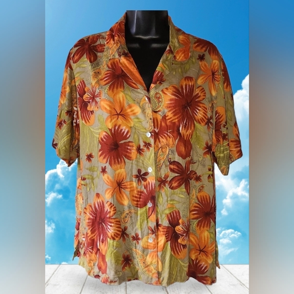 Vintage 90s Hawaiian Style Floral Button Down Shirt Sarah Bentley Sz L Excellent